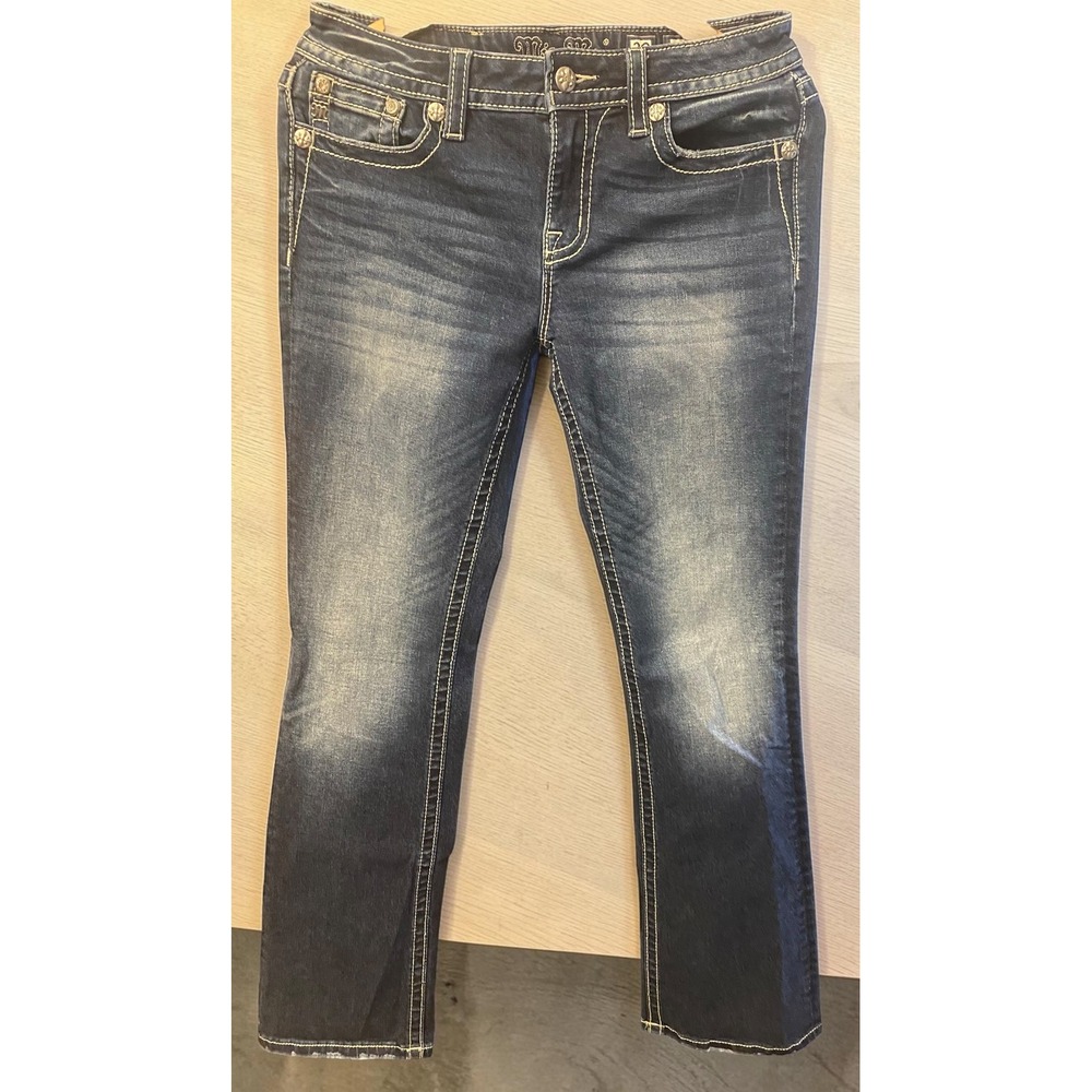 Miss Me Chloe Bootcut Fleur-De-Lis Pink Embroidered Dark Wash Women 29 Jeans